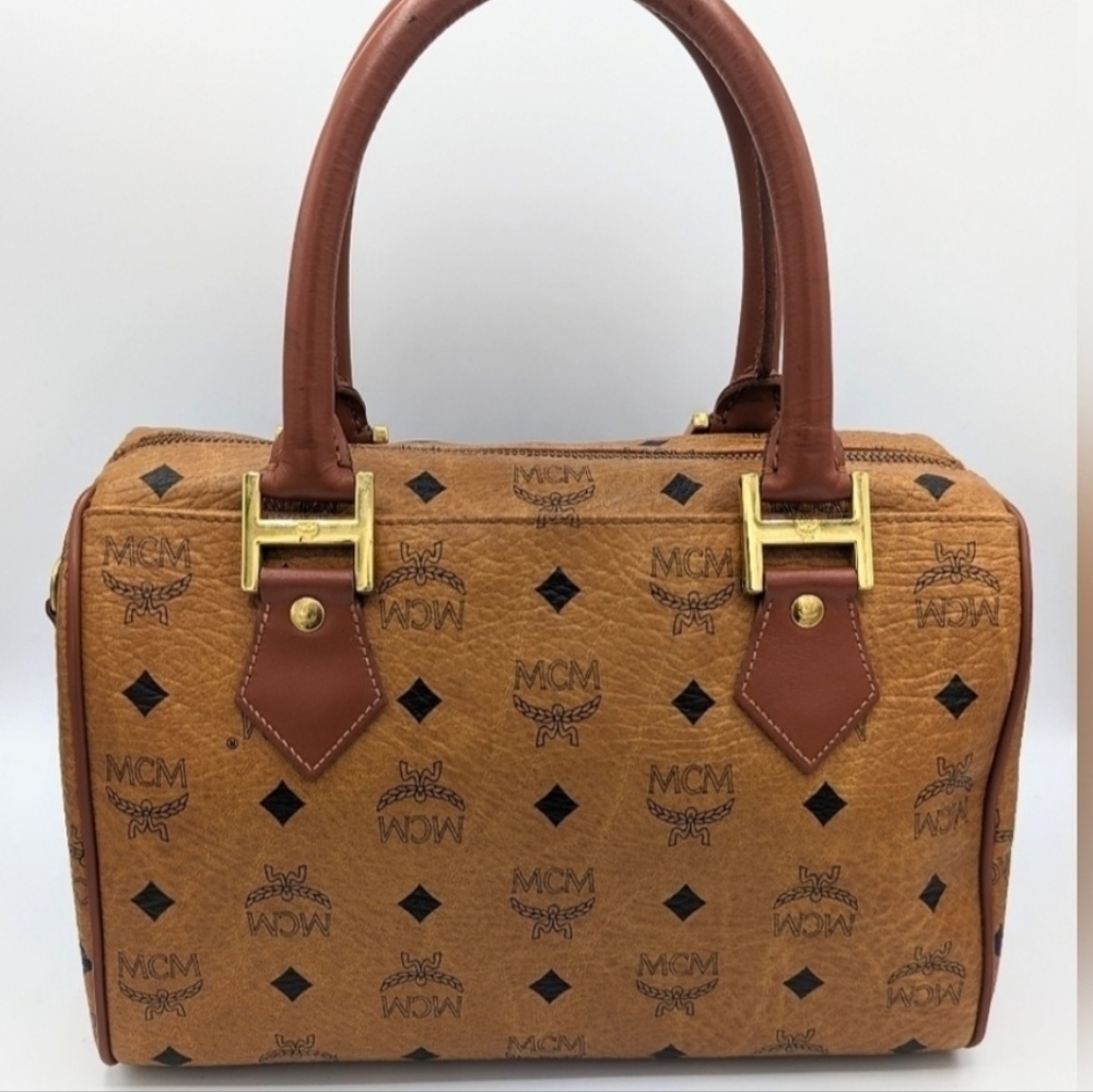 MCM Cognac Monogram Satchel with Brown Leather Trim and Gold Hardware - Picture 2 of 14